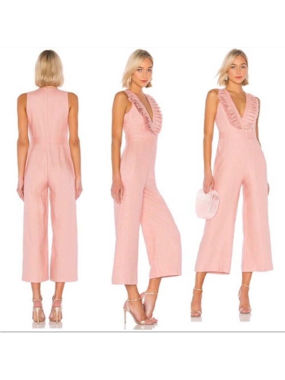 Alexis Odalys Linen Blush Pink Ruffle V-Neck Wide-Leg Jumpsuit Size XS NWOT - Picture 3 of 11